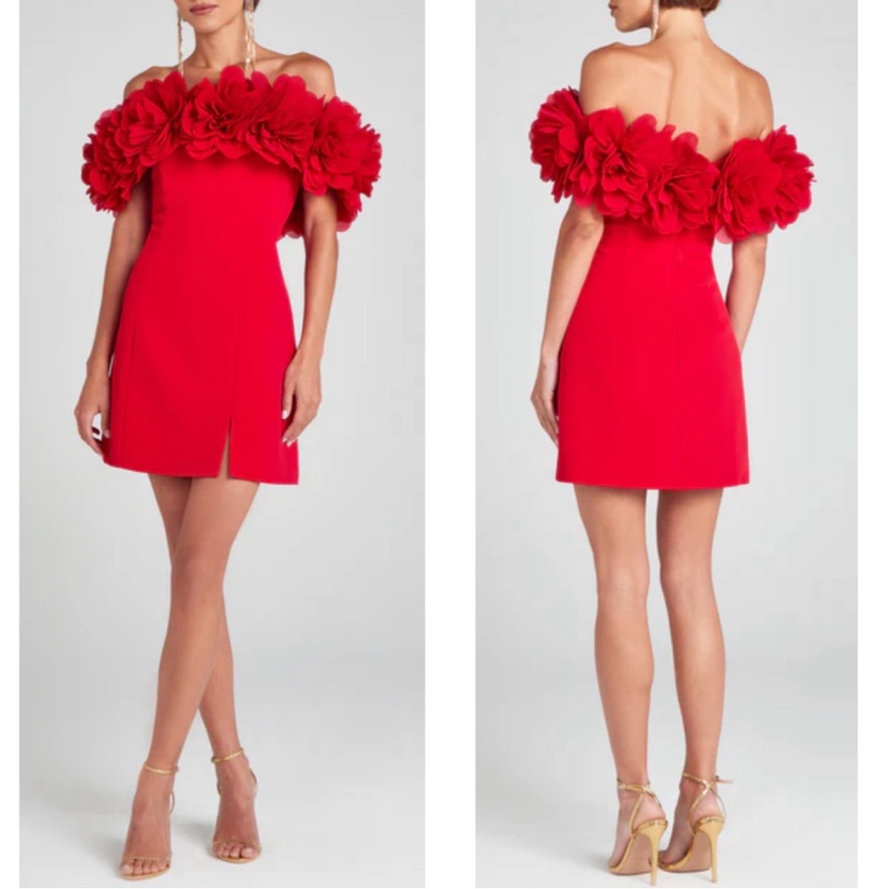 Nadine Merabi Renee Flower Bardot Off the Shoulder Red Mini Dress Size XS